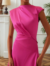 Rose Red Ruched Mock Neck Short Sleeve Midi Dress