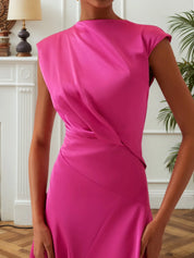 Rose Red Ruched Mock Neck Short Sleeve Midi Dress