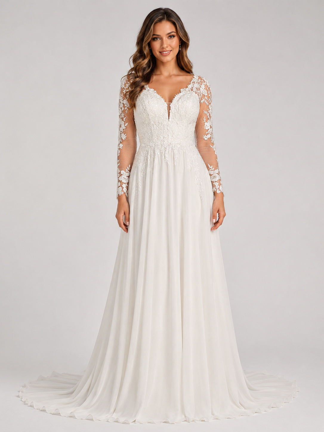 Elegant Illusion V-Neck Lace Long Sleeve Chiffon A-Line Wedding Dress with Sweep Train
