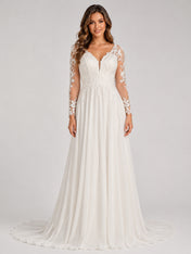 Elegant Illusion V-Neck Lace Long Sleeve Chiffon A-Line Wedding Dress with Sweep Train
