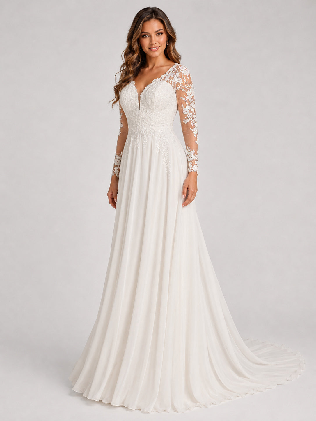 Elegant Illusion V-Neck Lace Long Sleeve Chiffon A-Line Wedding Dress with Sweep Train