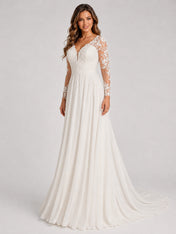 Elegant Illusion V-Neck Lace Long Sleeve Chiffon A-Line Wedding Dress with Sweep Train