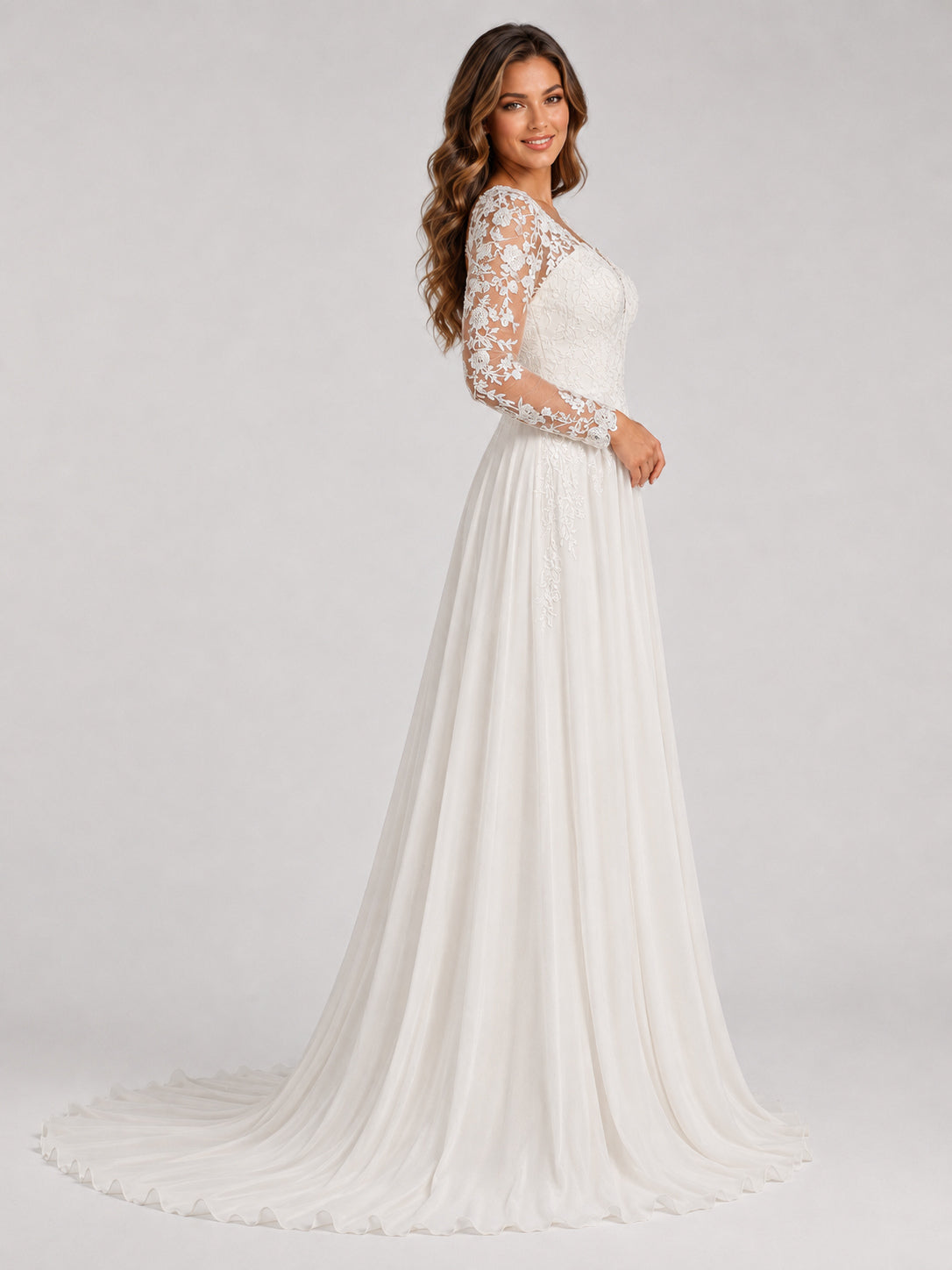 Elegant Illusion V-Neck Lace Long Sleeve Chiffon A-Line Wedding Dress with Sweep Train