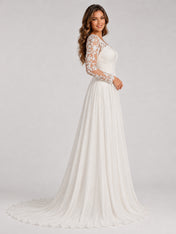 Elegant Illusion V-Neck Lace Long Sleeve Chiffon A-Line Wedding Dress with Sweep Train