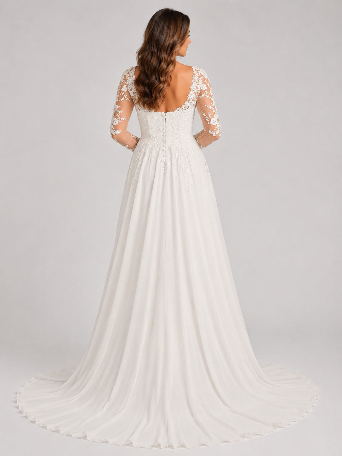 Elegant Illusion V-Neck Lace Long Sleeve Chiffon A-Line Wedding Dress with Sweep Train