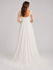 Elegant Illusion V-Neck Lace Long Sleeve Chiffon A-Line Wedding Dress with Sweep Train