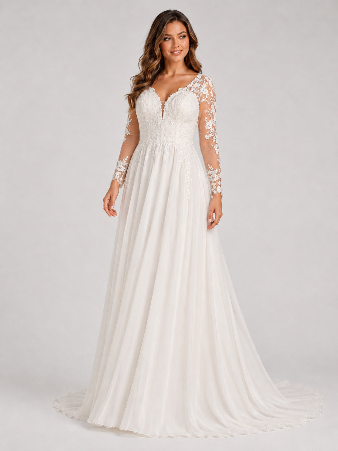 Elegant Illusion V-Neck Lace Long Sleeve Chiffon A-Line Wedding Dress with Sweep Train