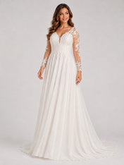 Elegant Illusion V-Neck Lace Long Sleeve Chiffon A-Line Wedding Dress with Sweep Train