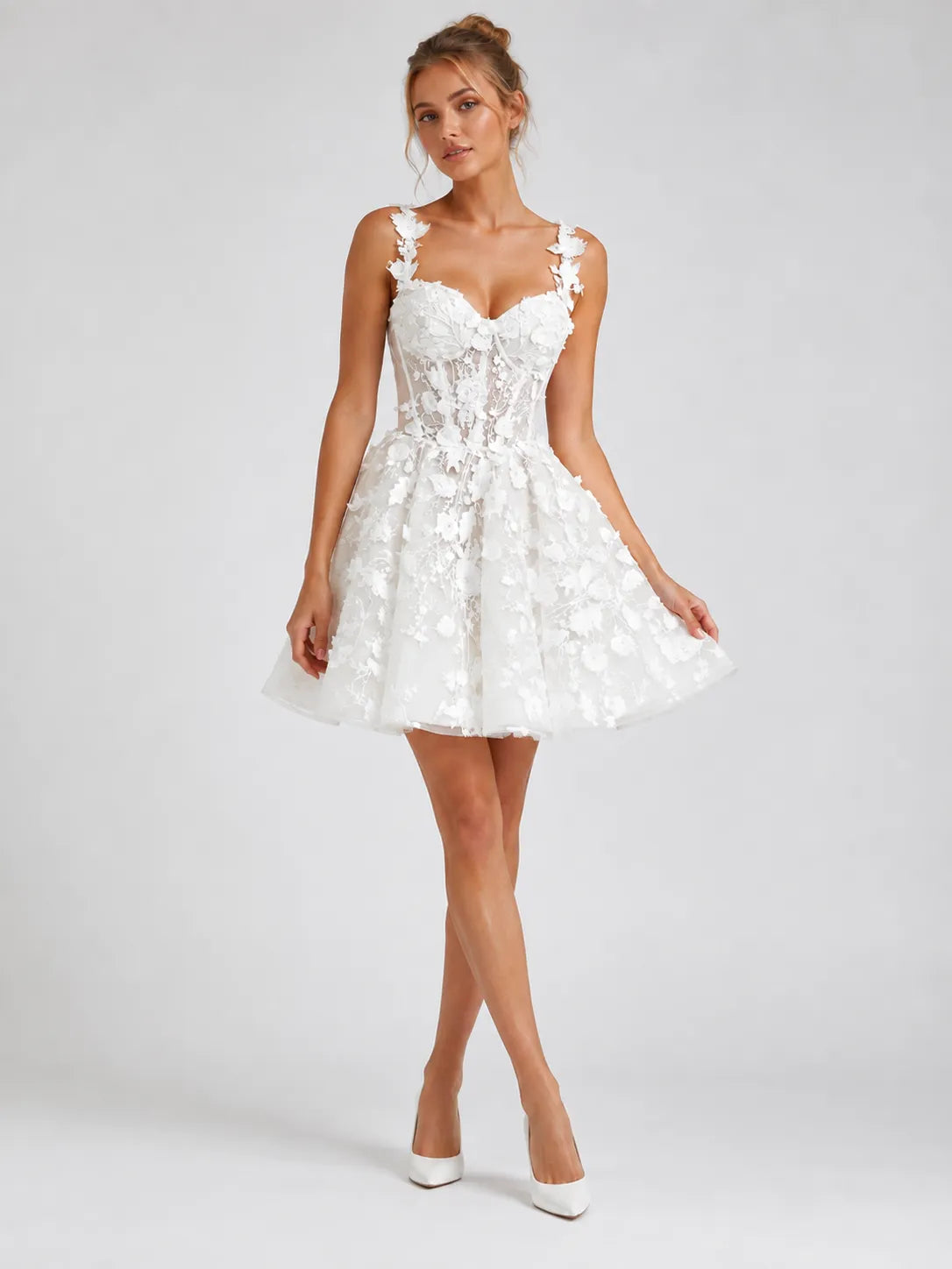 Elegant Floral Lace Strap Mini Wedding Dress with Illusion Corset Waist and Lace-Up Back