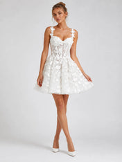 Elegant Floral Lace Strap Mini Wedding Dress with Illusion Corset Waist and Lace-Up Back
