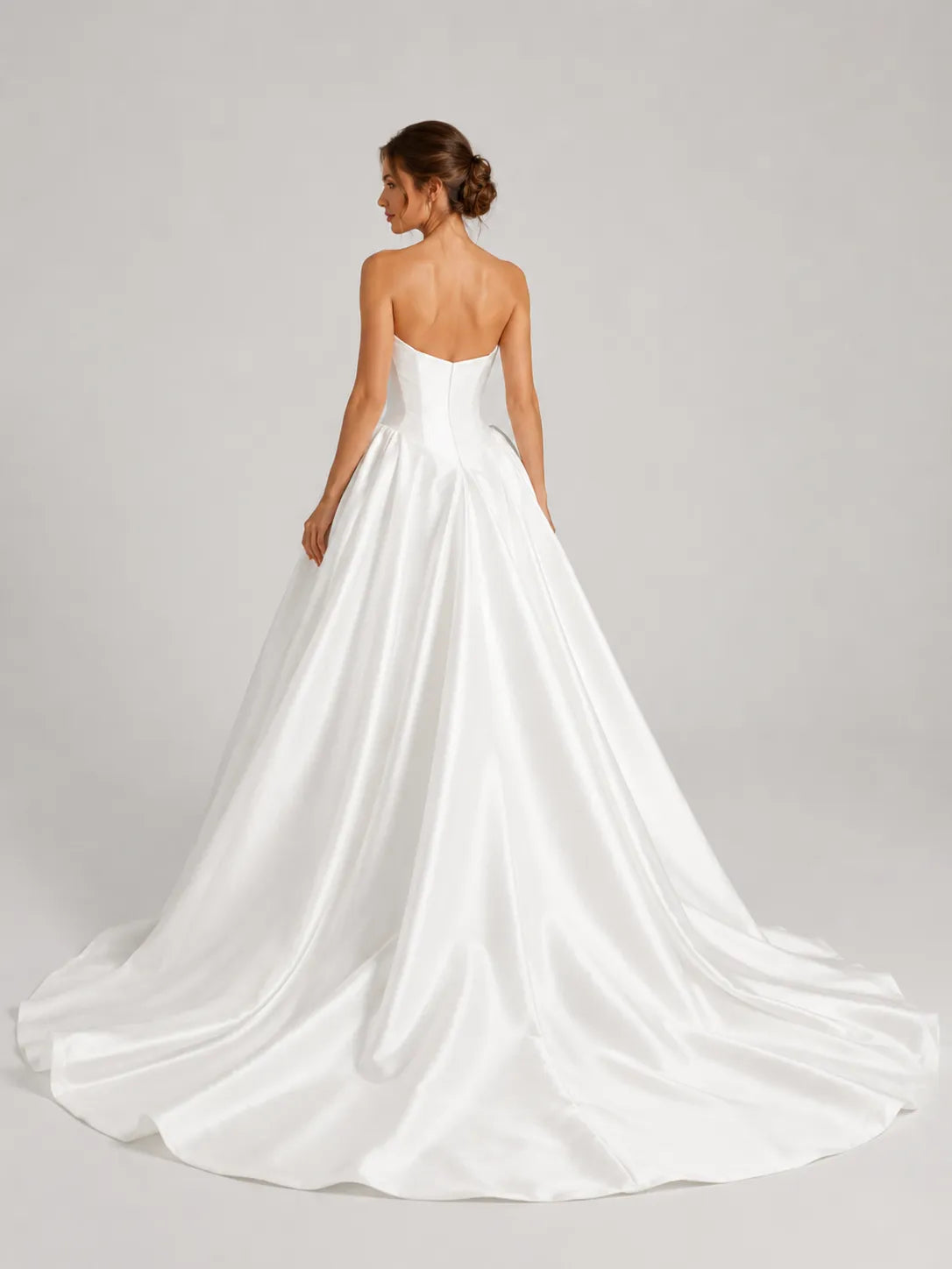 Elegant Strapless Satin Ball Gown Wedding Dress with Sculpted Bodice and Cathedral Train