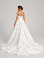 Elegant Strapless Satin Ball Gown Wedding Dress with Sculpted Bodice and Cathedral Train