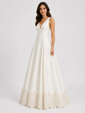 Elegant Deep V-Neck Satin A-Line Wedding Dress with Cutwork Lace Hem