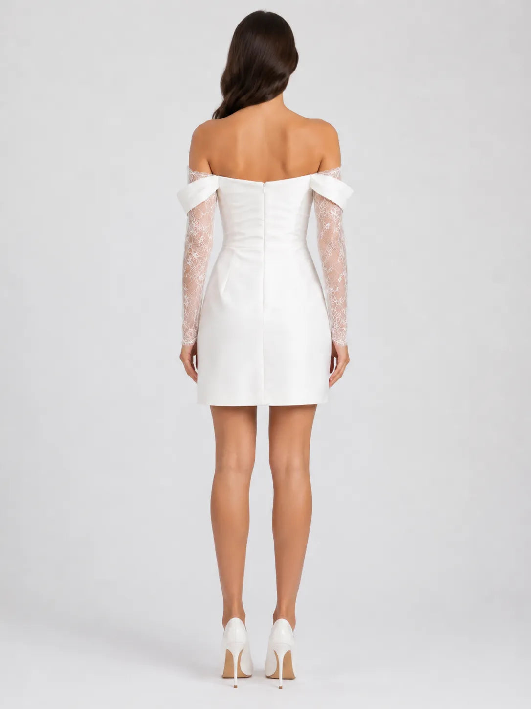 Off-the-Shoulder Lace Long Sleeve Ruched Satin Mini Wedding Dress