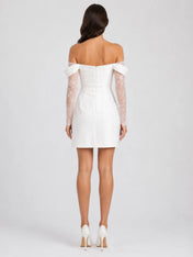 Off-the-Shoulder Lace Long Sleeve Ruched Satin Mini Wedding Dress