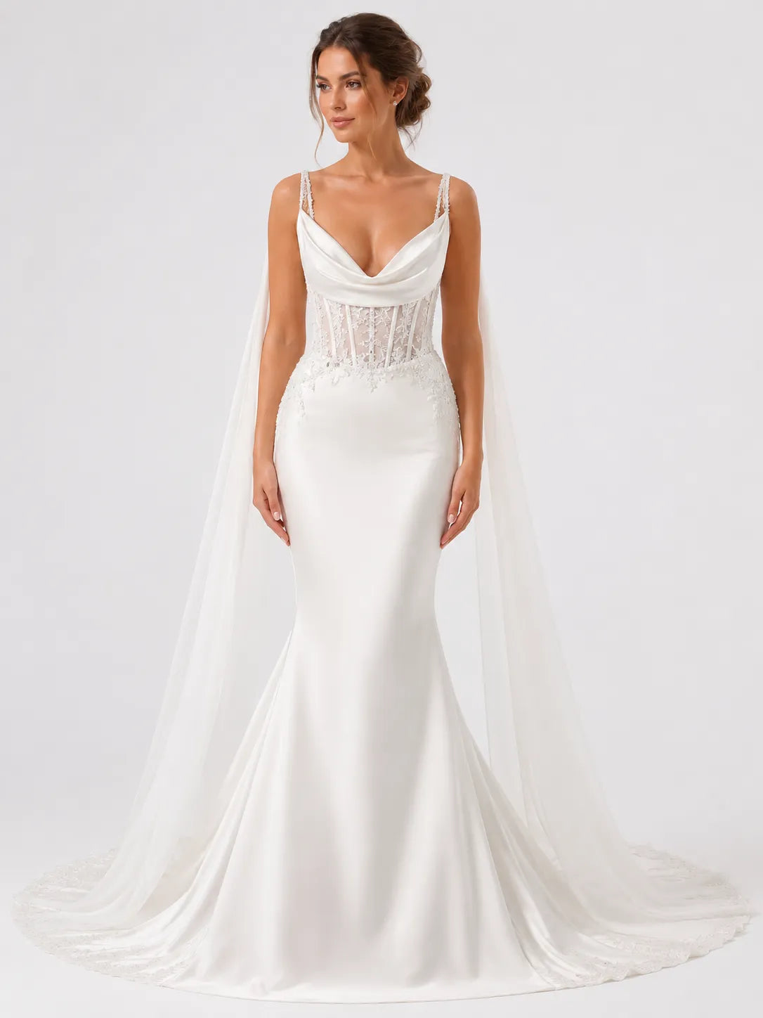 Elegant Spaghetti Strap Mermaid Wedding Dress with Draped Cowl Neck, Illusion Corset, Lace Appliqué and Chapel Train