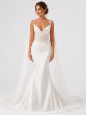 Elegant Spaghetti Strap Mermaid Wedding Dress with Draped Cowl Neck, Illusion Corset, Lace Appliqué and Chapel Train