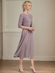 A-line Scoop Tea-Length Chiffon Mother of the Bride Dress With Pleated