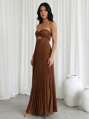 Brown Sweetheart Satin A Line Hollowed Maxi Dress with Pleat