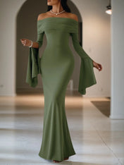 Formal Evening Dress Green Off Shoulder Maxi Long Sleeve Dress