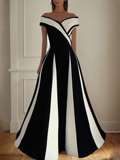 A Line Elegant Black&White Chiffon Off the Shoulder Sleeveless Floor Length Dress