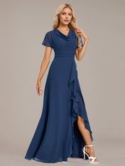 Navy Blue A-Line V Neck Floor-Length Chiffon Bridesmaid Dress With Cascading Ruffles