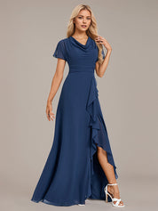 Navy Blue A-Line V Neck Floor-Length Chiffon Bridesmaid Dress With Cascading Ruffles