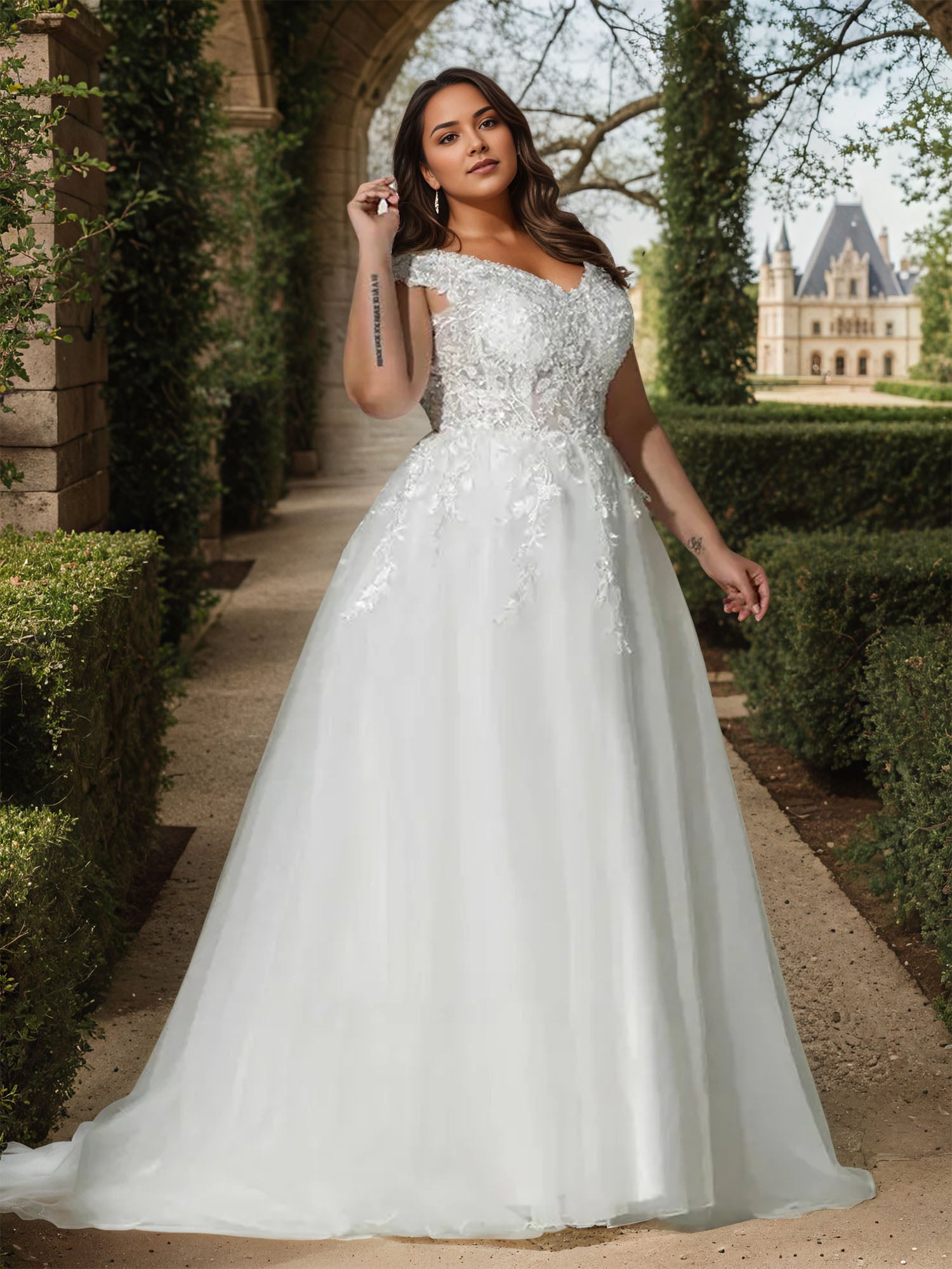 Off the Shoulder White Ball-Gown Applique Wedding Dress