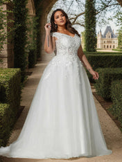 Off the Shoulder White Ball-Gown Applique Wedding Dress
