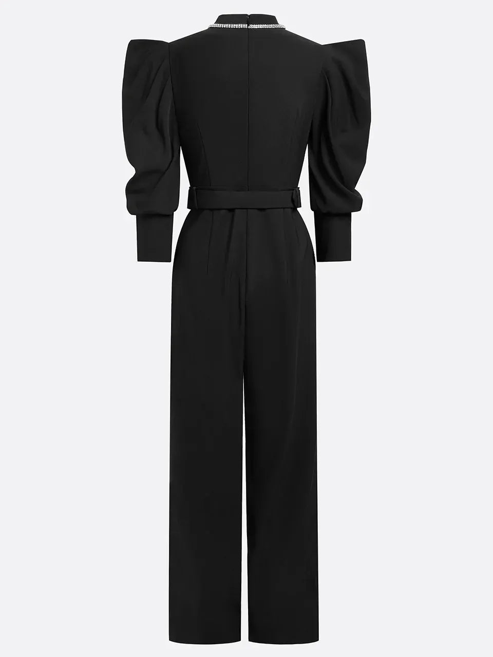 Black Pocket Stitching Puff Sleeve Jumpsuit With Belt