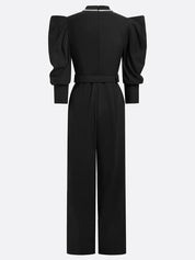 Black Pocket Stitching Puff Sleeve Jumpsuit With Belt