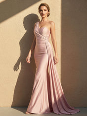 One Shoulder Satin Maxi Dresses with Train Mermaid Formal Dress