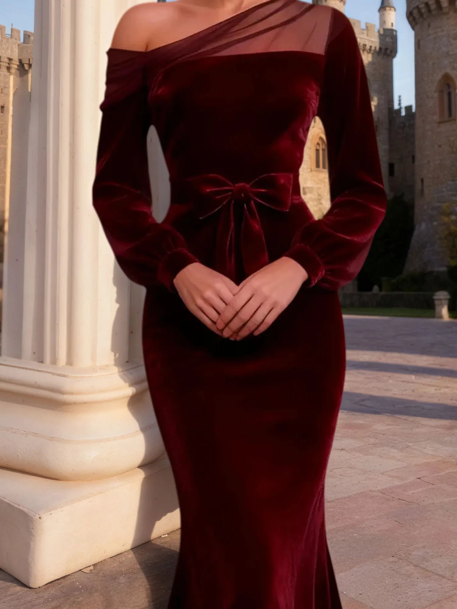 Evening Formal Dress Burgundy One Shoulder Velvet Maxi Dress