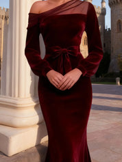 Evening Formal Dress Burgundy One Shoulder Velvet Maxi Dress