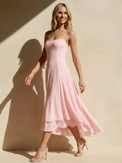 Pink Strapless Tiered Maxi Dresses A Line Chiffon Formal Dress