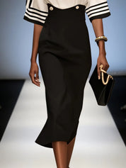 Black Striped Boat Neck Half Sleeve Sheath Midi Satin Dress