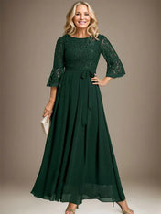 A-line Scoop Ankle-Length Lace Chiffon Mother of the Bride Dress With Bow
