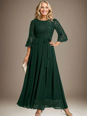 Robe de mère de la mariée trapèze en mousseline de soie et dentelle, longueur cheville, avec nœud