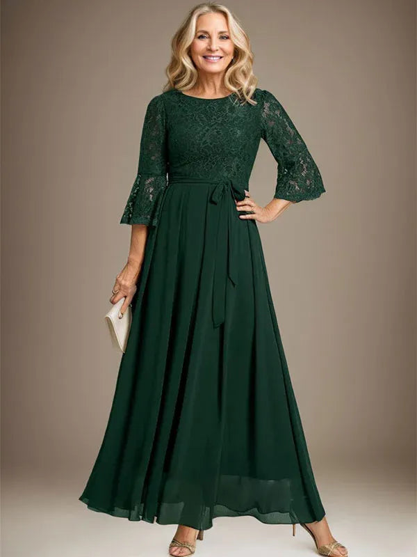Robe de mère de la mariée trapèze en mousseline de soie et dentelle, longueur cheville, avec nœud