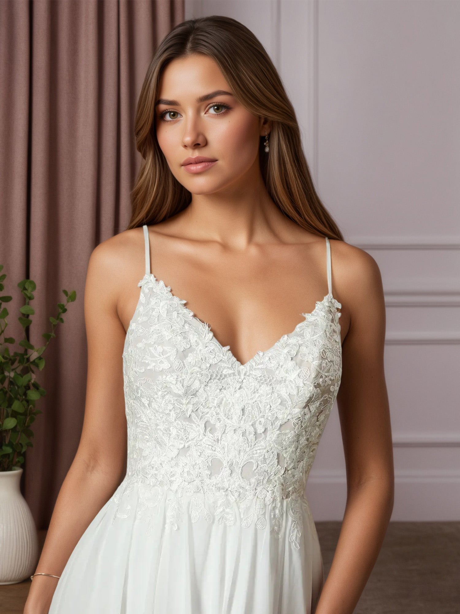 White A-Line Lace Chiffon Wedding Dress