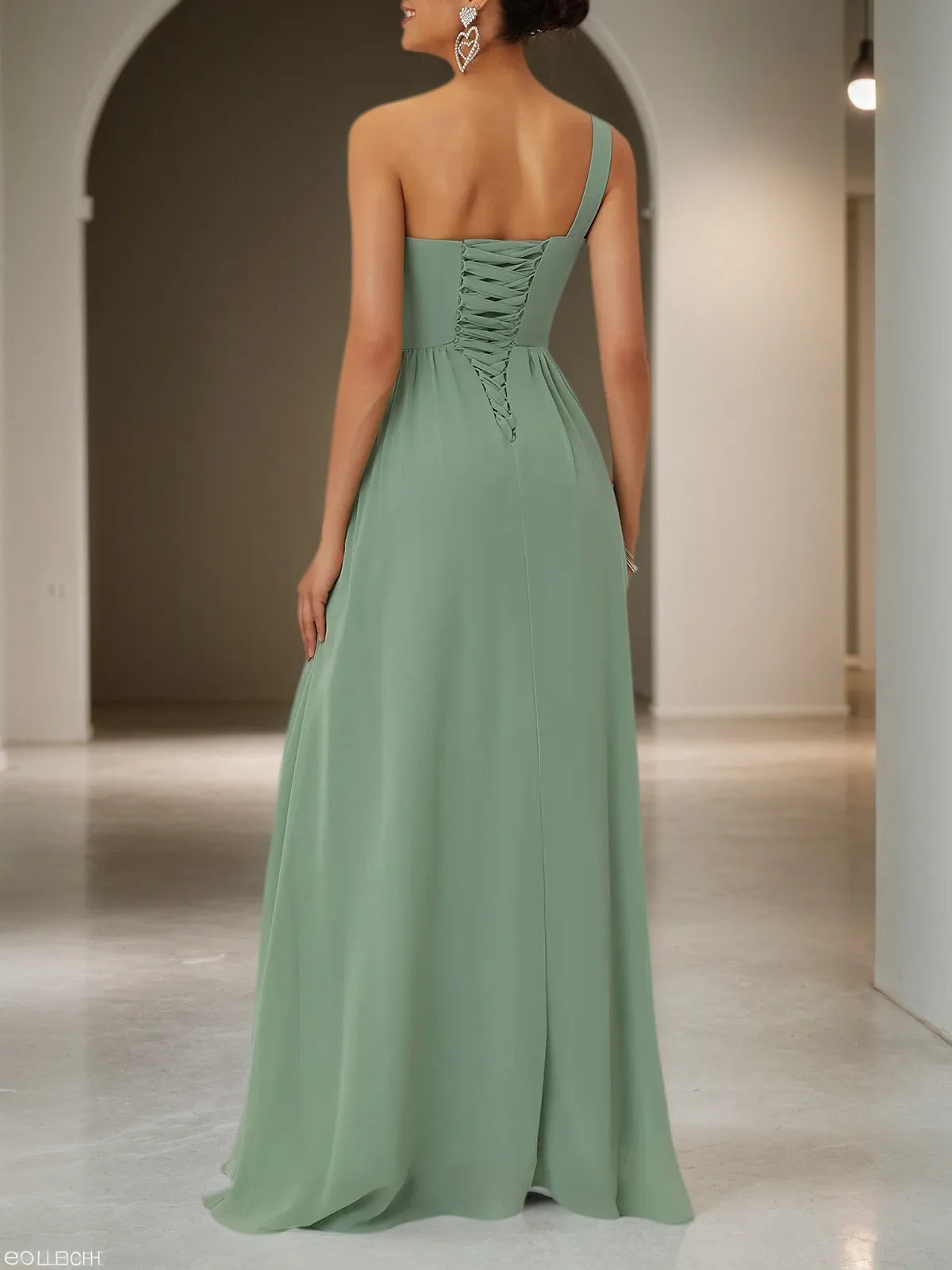 Light Green Ruched Asymmetric Chiffon One Shoulder Sleeveless A-Line Maxi Bridesmaid Dress