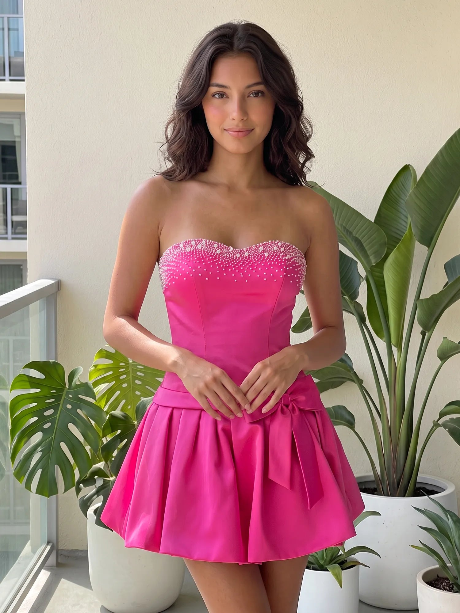 Fuchsia Pearl Corset Short Homecoming Dresses Large Waist Bow Lace Up Back