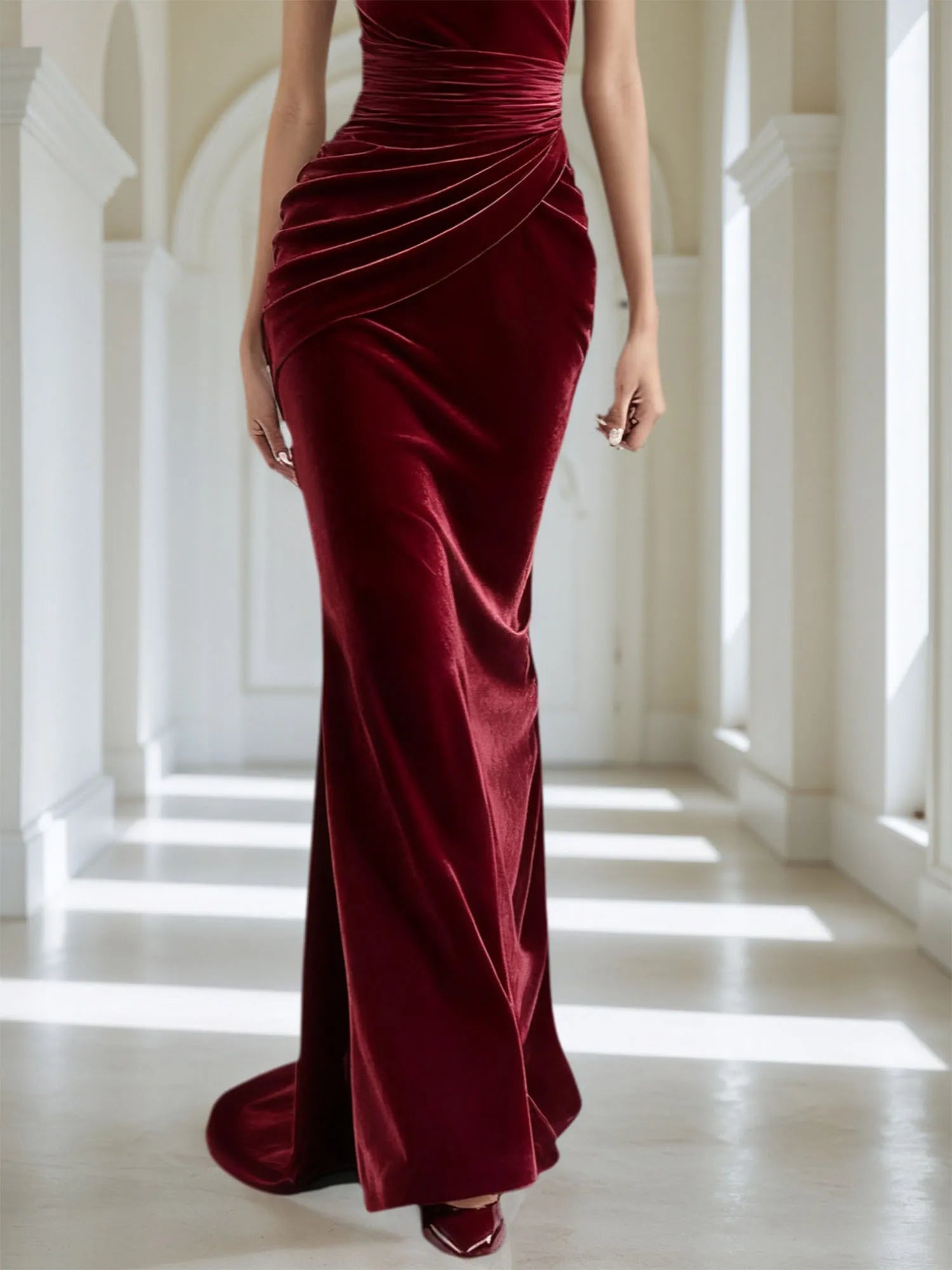 Wine Red 3D Floral Velvet Strapless Sleeveless Sheath Maxi Dress