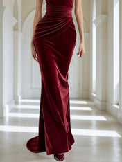 Wine Red 3D Floral Velvet Strapless Sleeveless Sheath Maxi Dress