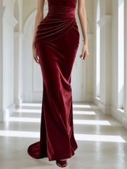 Wine Red 3D Floral Velvet Strapless Sleeveless Sheath Maxi Dress