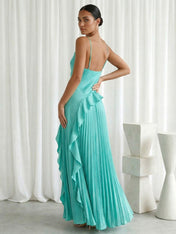 Mint Green Pleats Spaghetti Straps Maxi Dress with Ruffle