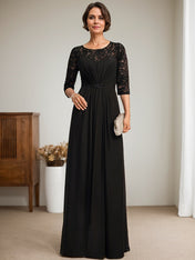 A-Line Scoop Illusion Floor-Length Lace Chiffon Mother Of the Bride Dress With Beading Ruffles