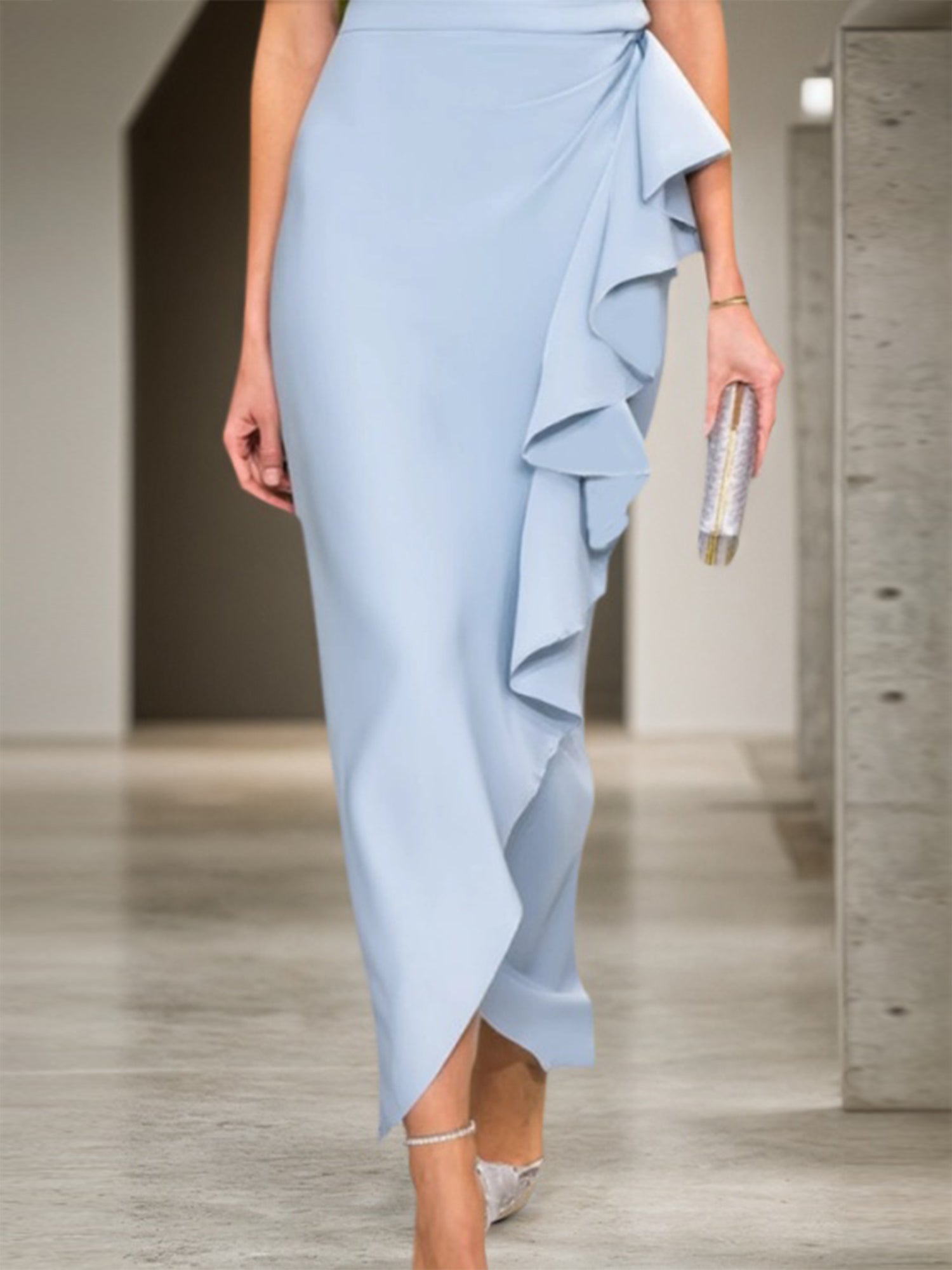 Formal Wedding Guest Dress Blue Crew Neck Ruffles Maxi Dress