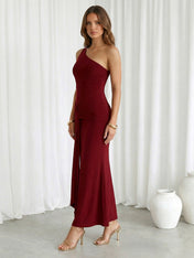 Burgundy One Shoulder Mermaid Hollowed Maxi Dress with Pleat