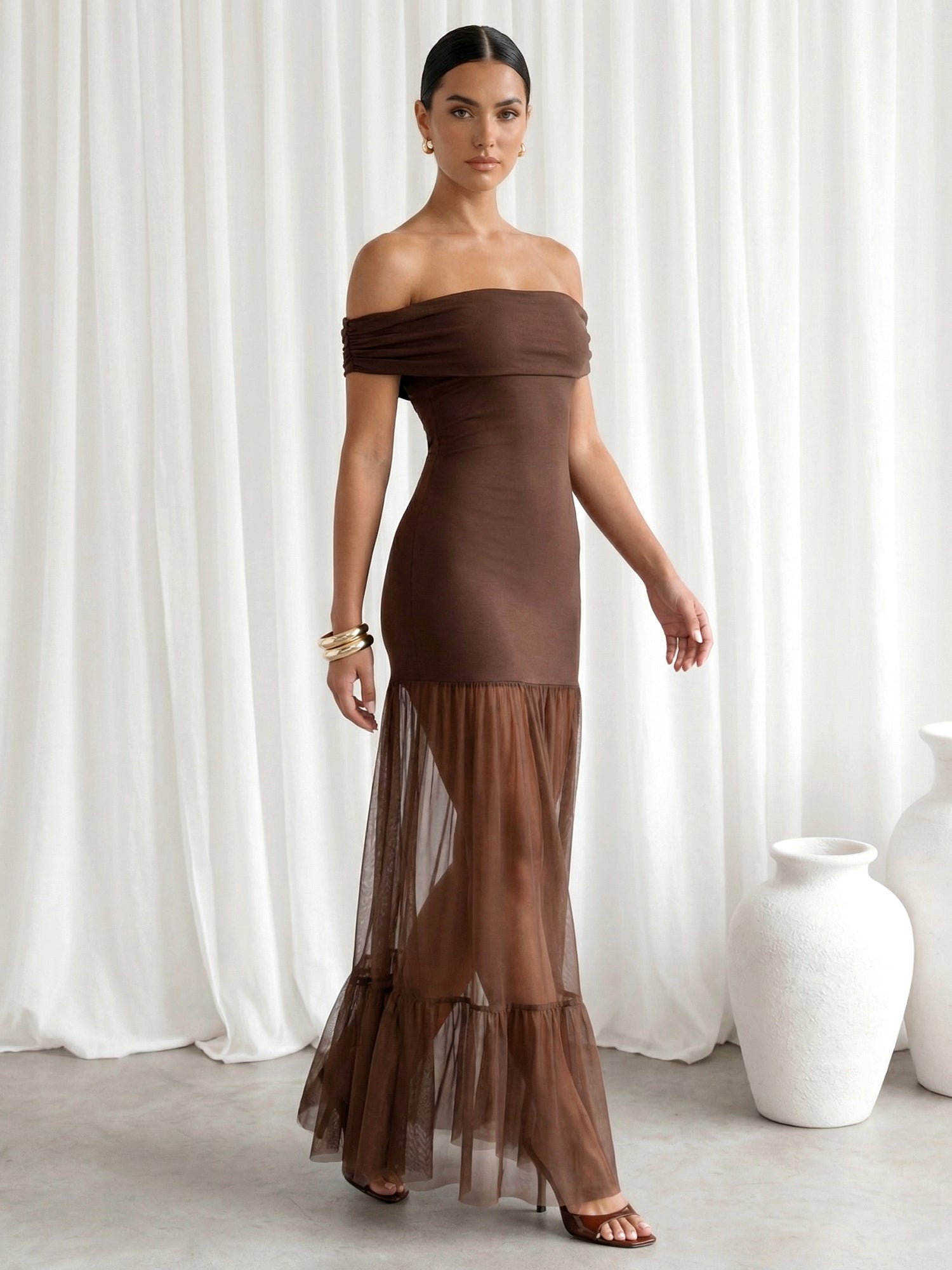 Brown Off the Shoulder Mermaid Maxi Dress with Ruffle